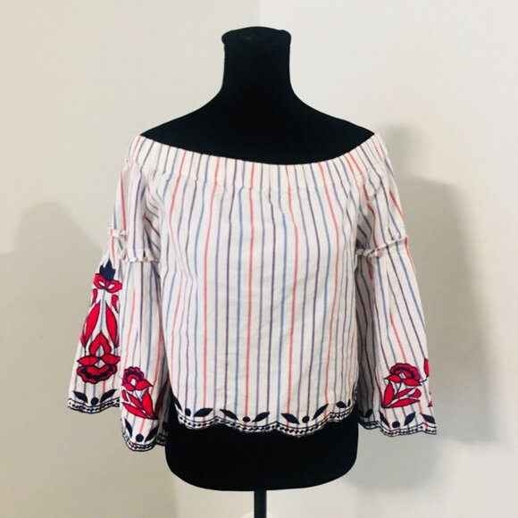 PARKER Dane Off Shoulder Embroidered 3/4 Sleeves Stripe Scallop Blouse XS NEW - Picture 3 of 12